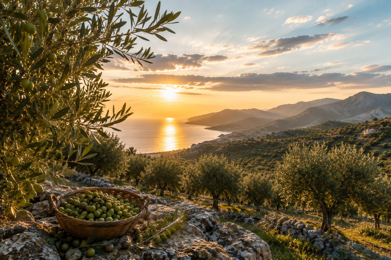 Terraced olive groves above the Albanian coast at golden hour, a basket of freshly picked olives on the stone wall and the Mediterranean beyond.