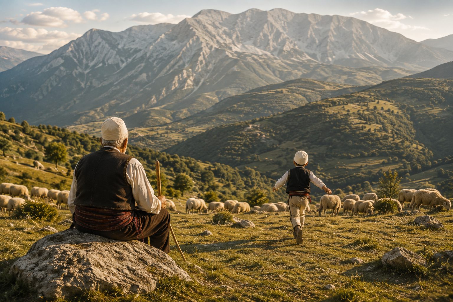 An elderly shepherd in traditional Albanian dress sits on a rock in a highland pasture as a young child in traditional dress runs toward him, mountains beyond.